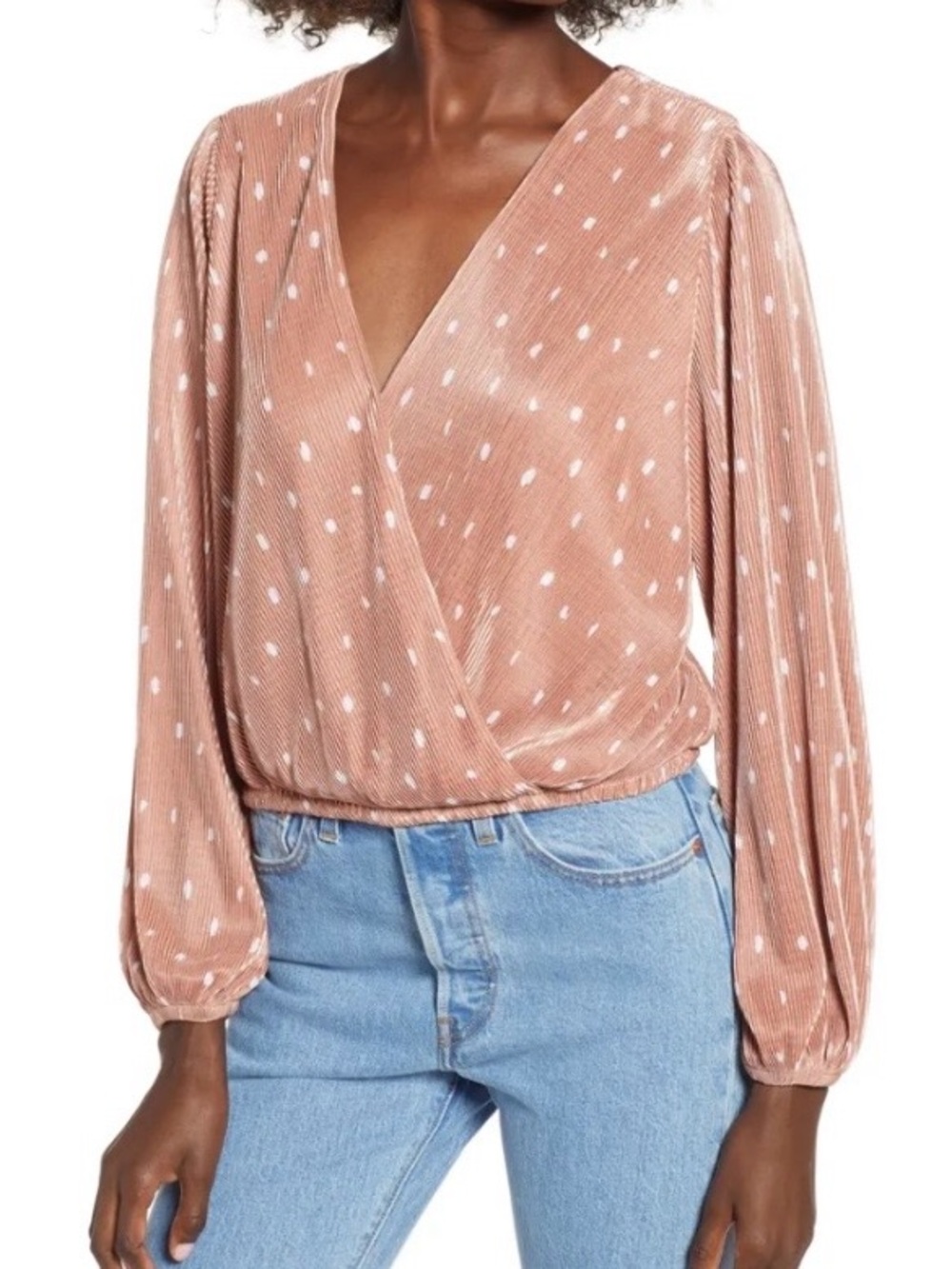 Astr Polka Dot Wrap Blouse in Mauve